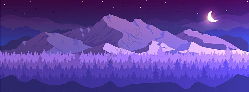 山在夜间平面颜色矢量它制作图案荒野横幅森林针叶草地紫色星星信息海报图表背景图片