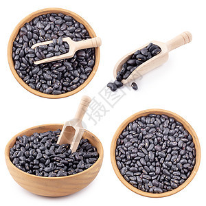 黑豆在一个木碗中的黑豆子 孤立在白色背景上蔬菜棕色木头粮食勺子营养食物种子黑色生活图片