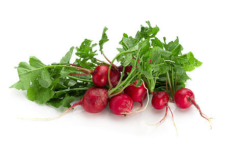 在白色背景上隔离的新鲜成熟的萝卜绿色沙拉水果红色食物叶子植物圆形块茎花园图片