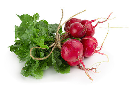 在白色背景上隔离的新鲜成熟的萝卜食物收成红色紫色绿色蔬菜植物圆形叶子水果图片