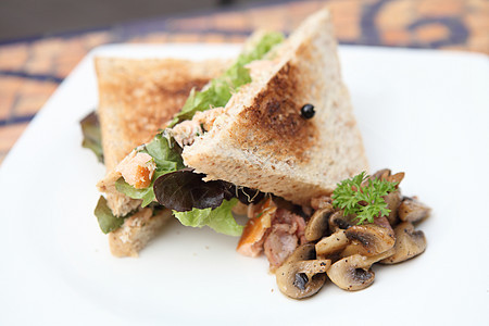三明治和鲑鱼自助餐盘子派对熟食熏制桌子团体饮食午餐沙拉图片