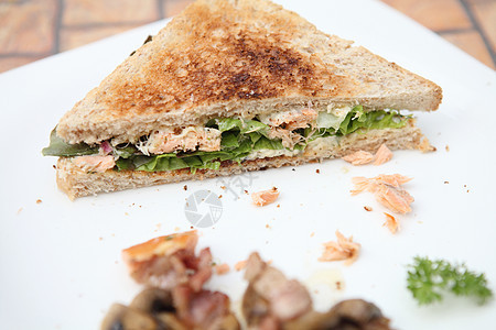三明治和鲑鱼饮食桌子叶子美食餐厅派对自助餐蔬菜面包熏制图片