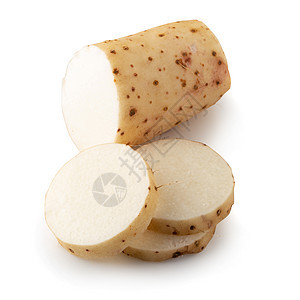 在白背上被孤立的山木根和切片或中国甘薯蔬菜水平食物薯蓣土豆饮食工作室白色图片