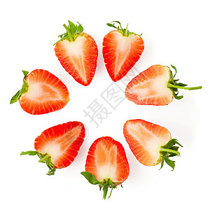 在白色背景上隔离的新鲜草莓水果甜点种子活力浆果绿色团体红色叶子食物图片