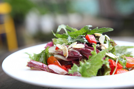 沙拉在封闭的沙拉中胡椒饮食餐厅叶子美食蔬菜营养熏肉食物盘子图片