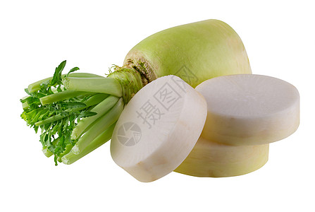 Daikon 白背景的单射线味道生产白色饮食叶子绿色营养大蒜萝卜团体图片