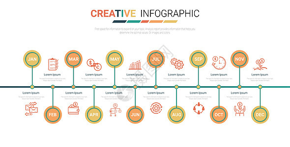 12 个月的时间线演示文稿 1 年时间线信息图表设计 vecto圆圈时间数据顺序数字推介会网络项目生长报告图片