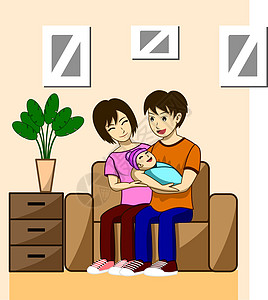丈夫和孩子 父亲抱着孩子 母亲坐在丈夫和孩子身边 两人都坐在自家客厅的沙发上女性插图微笑男生父母童年男人新生长椅怀孕图片