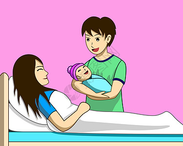 父亲的矢量插画家在母亲在医院病房分娩后休养的床边抱着一个新生儿图片