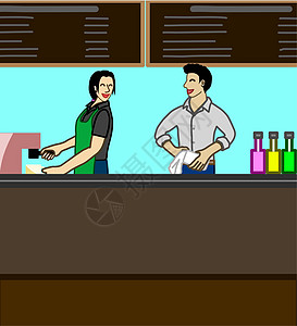 一个男人和一个女人在咖啡店一起工作图片