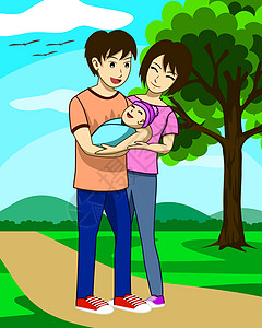 丈夫和刚出生的孩子正在公园里散步 父亲背着孩子 母亲站在旁边 每个人都很开心 这是一张表达家人爱的照片图片