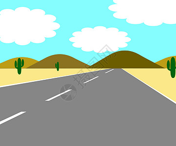 道路两旁有沙漠和仙人掌的插图图片