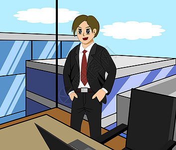 商务人士站在他的办公室套装窗户场景玻璃成功电脑女性城市经理技术图片