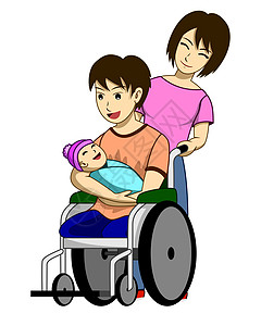 一个双腿受伤的残疾人 他坐在轮椅上 抱着他的孩子 而且身边还有老婆要照顾 多么幸福的一家啊 它有白色背景图片