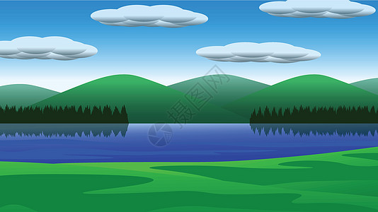 自然景观的矢量图一个美丽的湖与远处的森林山脉明亮的天空与白云图片
