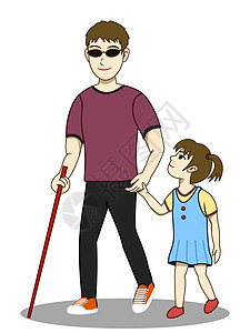 背着女儿的父亲盲人和他的女儿走在一起的矢量插图 他的女儿照顾并指导他 两人看起来都很开心 这是一个可爱的家庭形象设计图片
