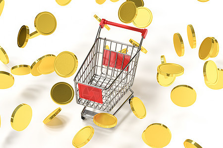 有金币的购物车 3D铸造顾客硬币现金金融篮子销售购物储蓄财富市场图片