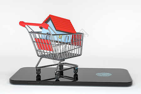 购物车里面装着红房子 买房概念 3D造型大车投资金融店铺篮子红色购物财产小样市场图片
