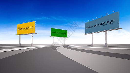 3D 在高速公路旁的广告牌图像横幅促销小样海报展览广告天空商业框架指示牌背景图片
