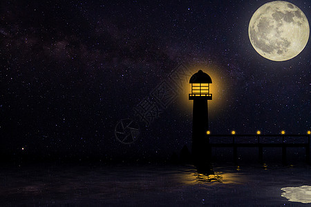 夜间在海上的灯塔背景图片
