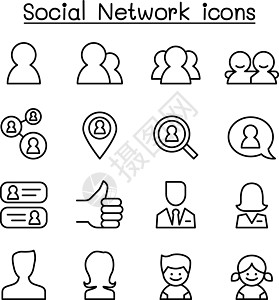 社交网络图标设置在细线样式女士收藏帐户用户伙伴插图技术行政商业队友图片
