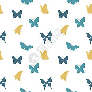 蓝色和黄色无缝图案中飞舞的蝴蝶图片