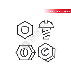 带螺母细线矢量图标的螺栓螺钉或紧固件图片