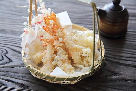 日本食物 虾汤波拉小吃餐厅盘子黄色海鲜午餐油炸金子美食蔬菜图片