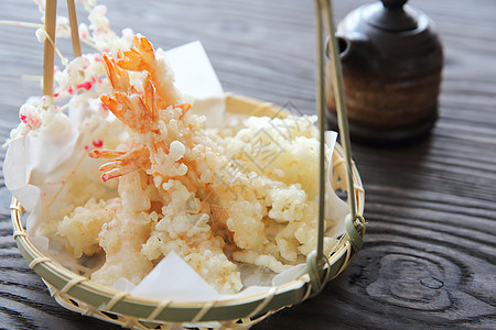 日本食物 虾汤波拉蔬菜金子餐厅油炸盘子午餐海鲜美食黄色对虾图片