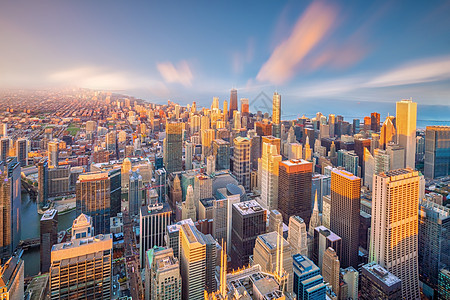 芝加哥从美国最顶端的视野开始景观蓝色天空旅行建筑学场景市中心日落天际摩天大楼图片