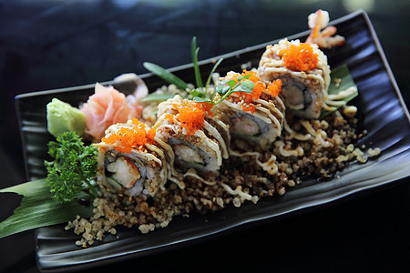 鸡尾大虾寿司绿色美食午餐白色小吃食物海鲜奶油蔬菜叶子图片