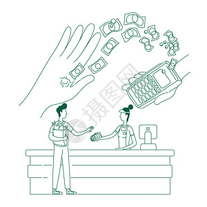 支付设备细线概念矢量图 具有用于网页设计的电子货币 2D 卡通人物的无现金购物者 嵌入人手创意的小工具图片