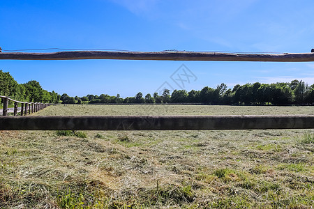 农业田地上美丽的木马栅栏爬坡农村土地场地牧场障碍蓝色天空乡愁国家图片