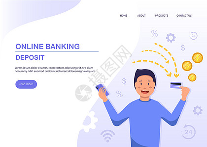 财富收入 带有塑料卡和智能手机网页的网站 卡通平面矢量银行业卡通片货币储蓄硬币宝藏男人投资订金金属图片