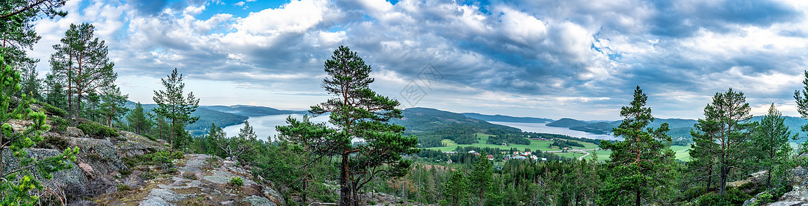 以松树林 村庄和两个海湾(夏季日)在瑞典北部的斯堪的纳维亚大山上布满宽阔的全景图片