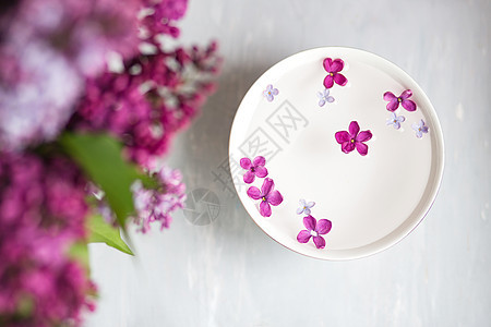 五点淡紫色花在淡紫色花中在杯子里用水 丁香花枝 有一朵花 有 5 个花瓣养生紫色水疗香气浪漫幸福季节宏观温泉香味图片