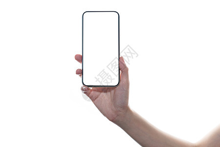 女性手握移动式空白触摸屏 在白色上隔离电子互联网游戏技术上网屏幕手机白屏电话展示图片