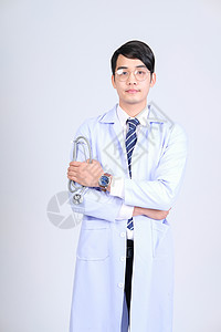 白阴沟上有听诊器的医生医生医师保健医疗保险医疗乐器领带白色测量医院专家工作图片