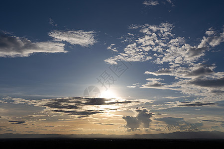 蓝色天空中的白毛云阳光天堂云景日光多云天气气氛白色环境风景图片