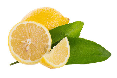 白色背景上孤立的黄色柠檬果汁绿色叶子圆形食物水果图片