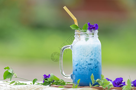 蓝豆牛奶或冰蝴蝶皮拿铁加奶桌子甜点杯子紫色叶子蝴蝶果汁草本植物蓝色食物图片