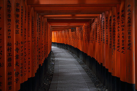 日本京都神社红Tori门建筑学佛教徒隧道神社橙子神道地标遗产历史灯笼图片