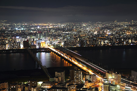 日本大阪市夜景时的城市风景摩天大楼市中心公园建筑学建筑物旅游地标天际办公室场景图片