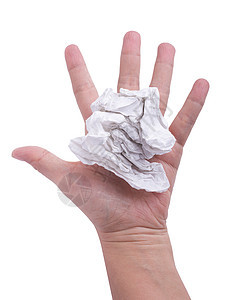 手挤压纸巾隔离在白色背景图片