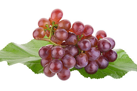在白色背景上孤立的红葡萄叶子浆果食物果汁维生素紫色绿色红色水果图片