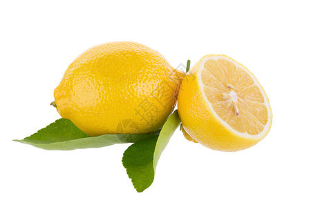 白色背景上孤立的黄色柠檬圆形果汁食物绿色水果叶子图片