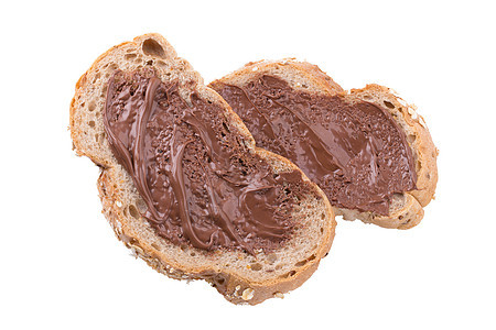 巧克力奶油撒在棕色整个小麦面包切片隔离区香草早餐营养可可坚果饮食食物榛子午餐甜点图片