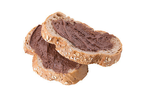 巧克力奶油撒在棕色整个小麦面包切片隔离区可可香草榛子营养午餐黄油小吃传播食物甜点图片