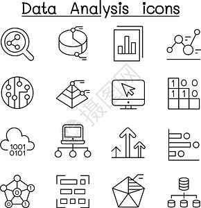 在细线样式中设置的数据库数据图图标云计算插图仓库标识服务器电脑技术字节图表矿业图片