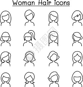 在细线样式中设置的女人发型图标图片